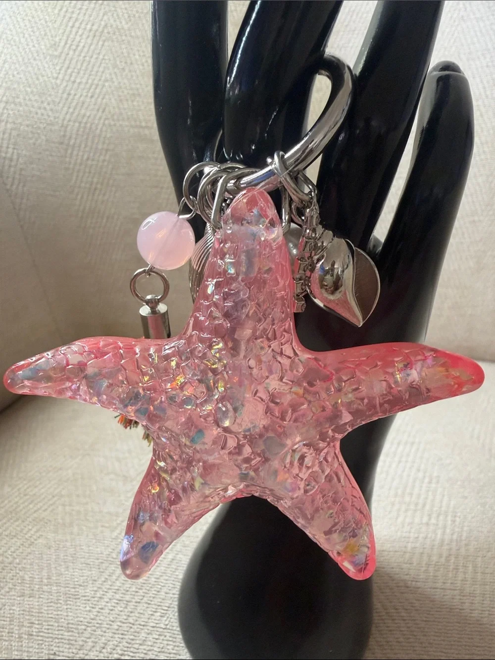 Pink Iridescent Starfish bag charm with Shell Charms